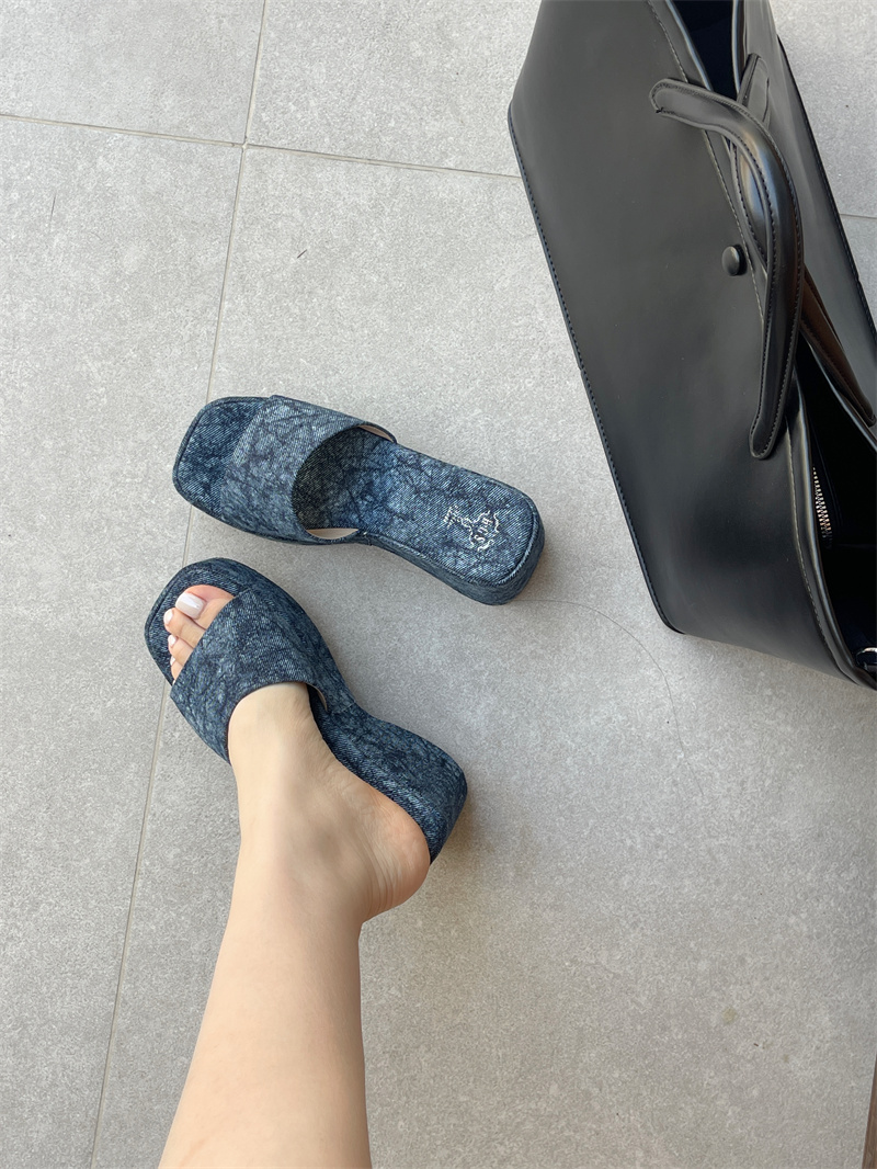 10cm Chunky Square Toe Denim Slippers for Women Summer 2026 High Heel - Image 4