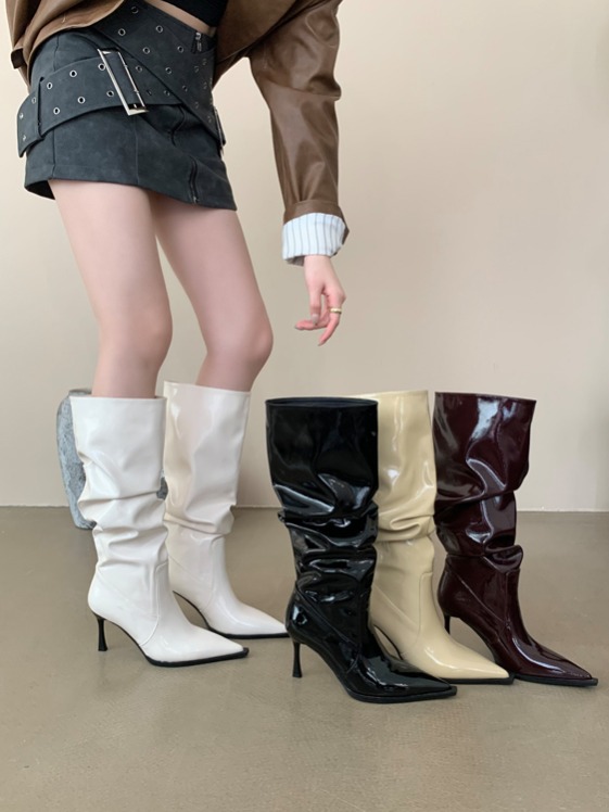 2024 Autumn Winter Fashion New High Heel Pointed Toe Stacked Boots Long Boots Patent Leather Slim Fit Boots