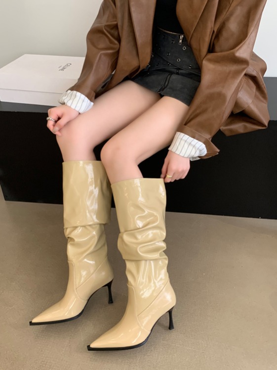 2024 Autumn Winter Fashion New High Heel Pointed Toe Stacked Boots Long Boots Patent Leather Slim Fit Boots - Image 3