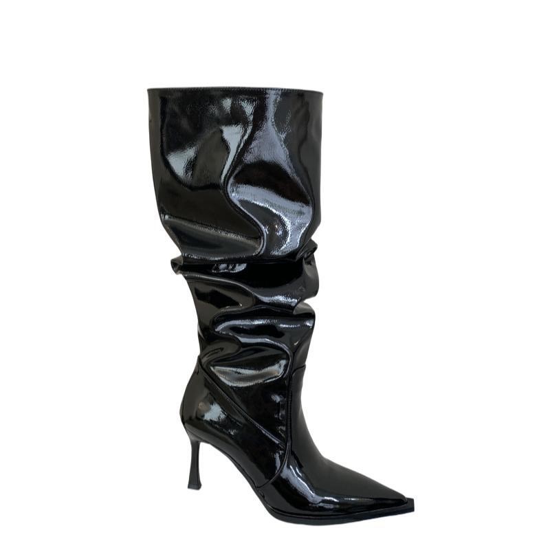 2024 Autumn Winter Fashion New High Heel Pointed Toe Stacked Boots Long Boots Patent Leather Slim Fit Boots - Image 5