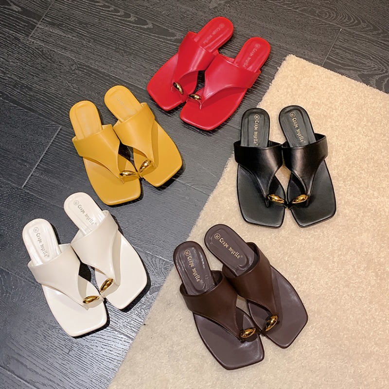 2025 Summer New Fashion Metal Toe Square Heel Low Heel Slip-On Sandals for Women