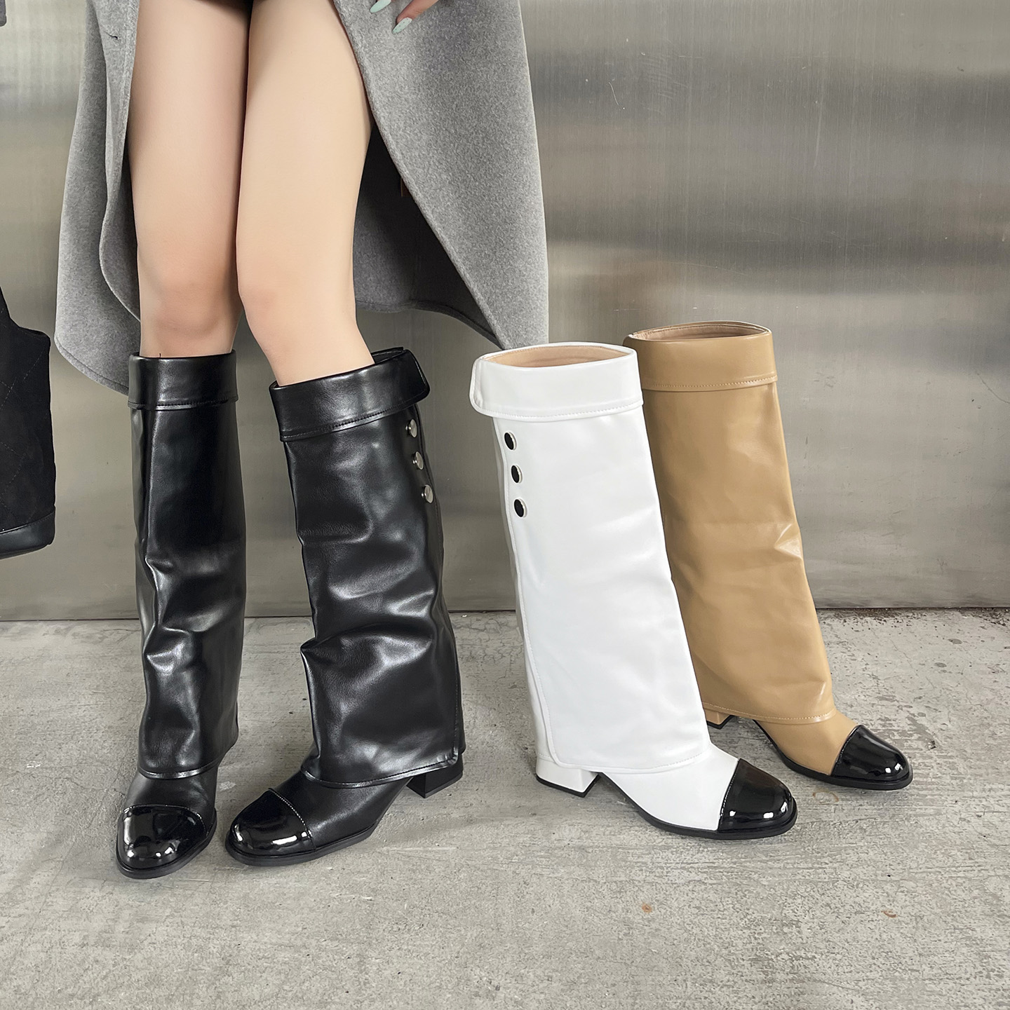 2026 High-End Small Fragrance Style Nylon Leather Color-Block Straight Boots Chunky Heel Slim Leg Boots French Loose Long Boots
