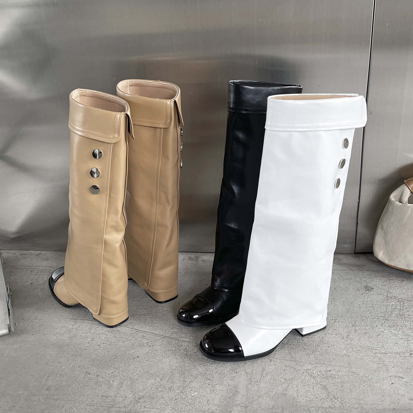 2026-high-end-small-fragrance-style-nylon-leather-color-block-straight-boots-chunky-heel-slim-leg-boots-french-loose-long-boots_1