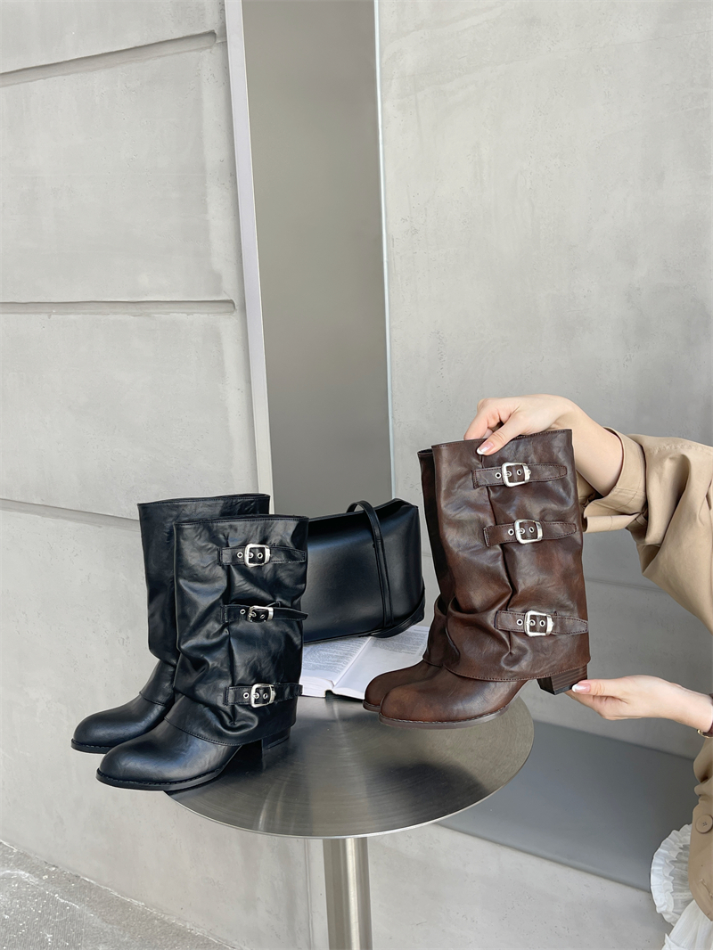 2026 Original Design Cowhide Pointed Toe Mid-Calf Boots for Women New Style with Belt Buckle Chunky Heel Wrinkled Stack Boots