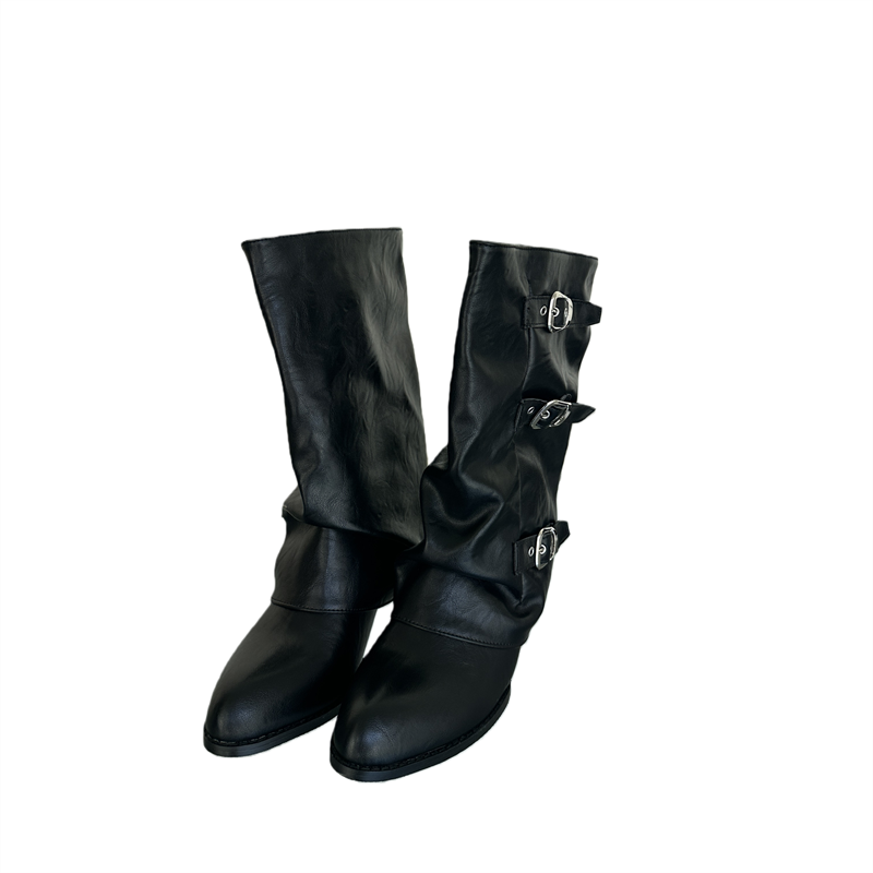 2026 Original Design Cowhide Pointed Toe Mid-Calf Boots for Women New Style with Belt Buckle Chunky Heel Wrinkled Stack Boots - Image 5