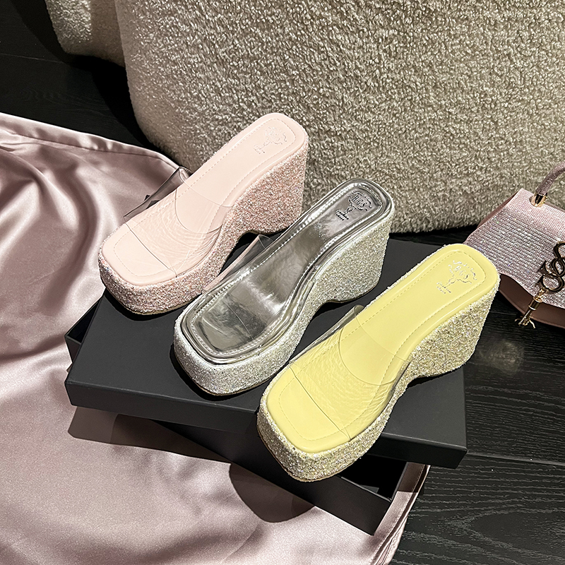 2026 Summer New Wedge Slippers for Women, Thick Sole Glitter High Heel Fashion Shoes