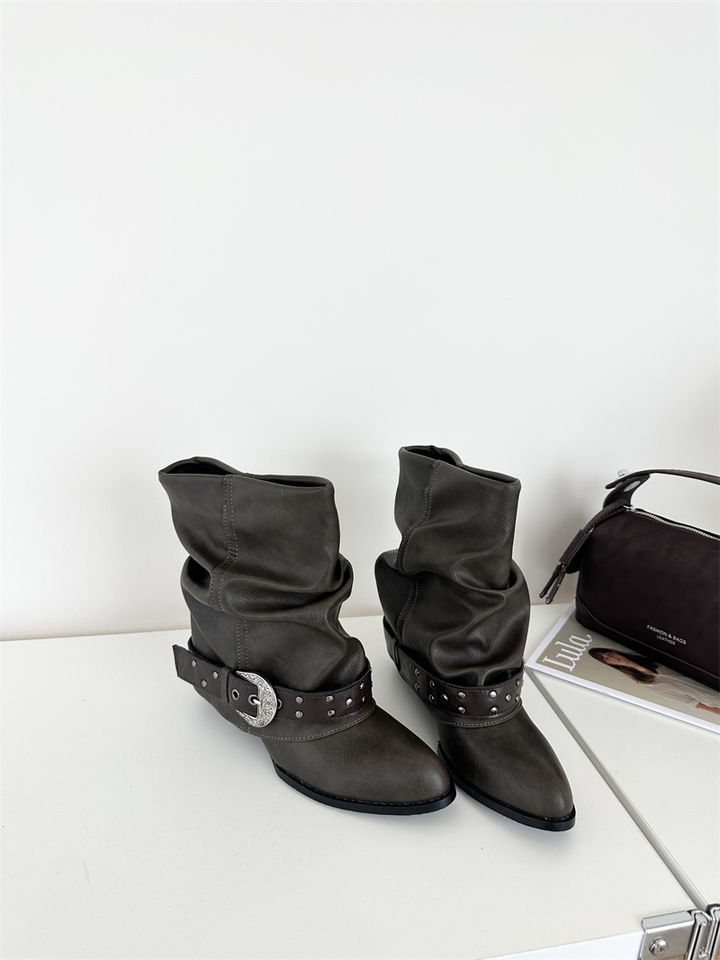 2026 Vintage Western Boots for Women Chunky Heel Ruched Design Pointed Toe Knight Boots Tube Boots - Image 4
