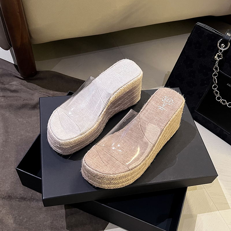 2026 Woven Wedge Transparent Strap Slippers for Women Summer Thick Sole Slip-on Vacation Style 8cm - Image 3