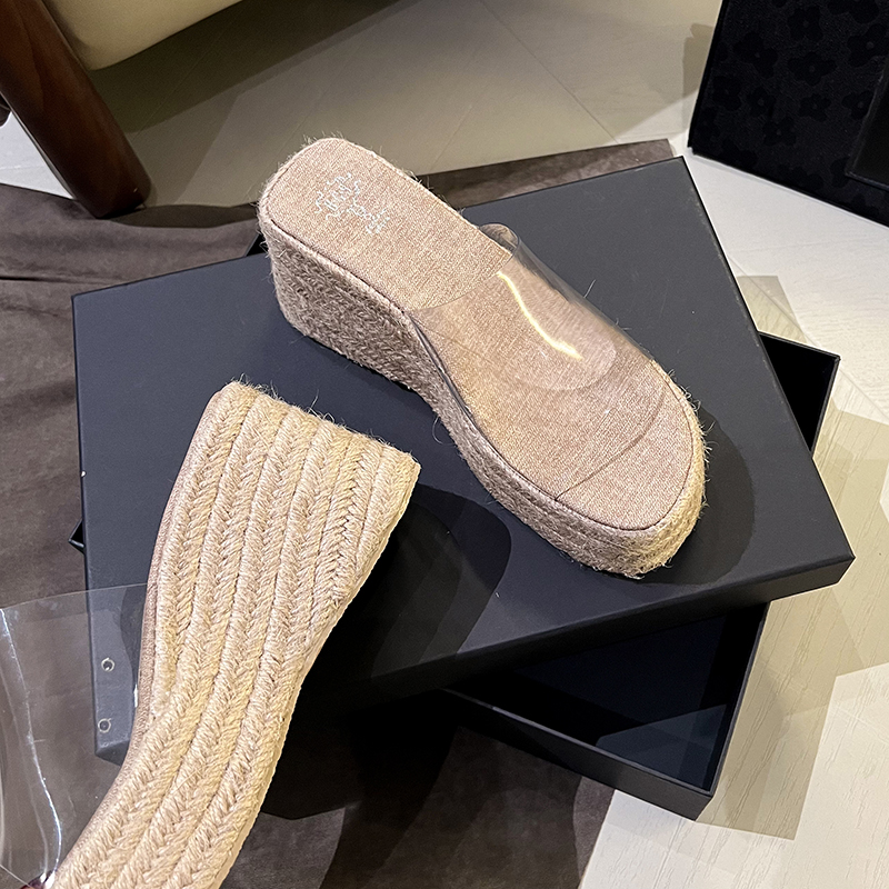 2026 Woven Wedge Transparent Strap Slippers for Women Summer Thick Sole Slip-on Vacation Style 8cm - Image 4
