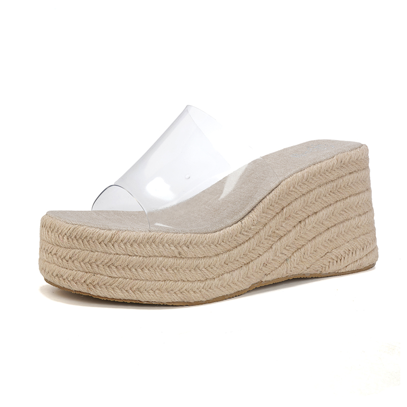 2026 Woven Wedge Transparent Strap Slippers for Women Summer Thick Sole Slip-on Vacation Style 8cm - Image 5