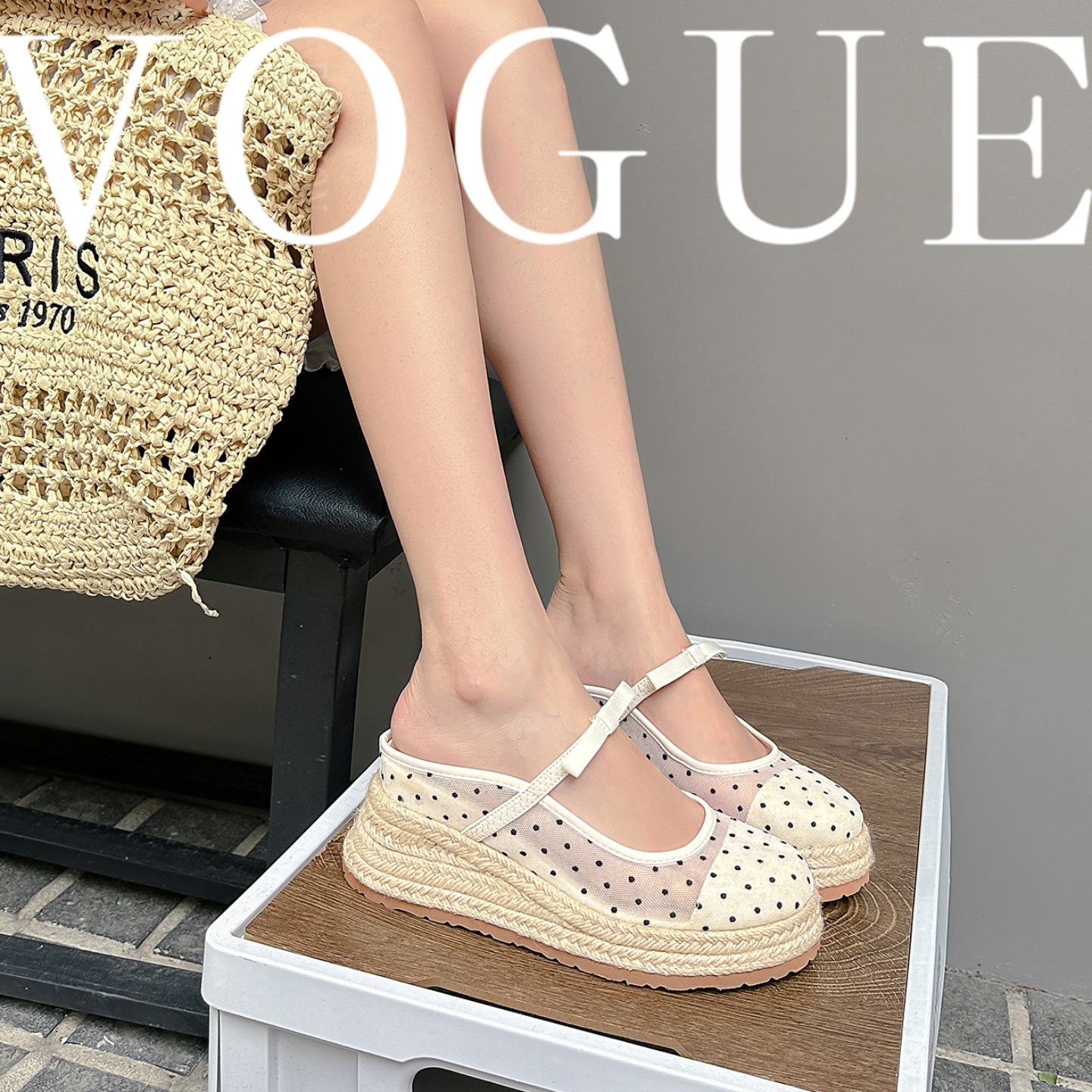 8CM Thick Sole Mesh Rope Wedge Bow Mary Jane Closed Toe Vacation Sandals Women's Slippers