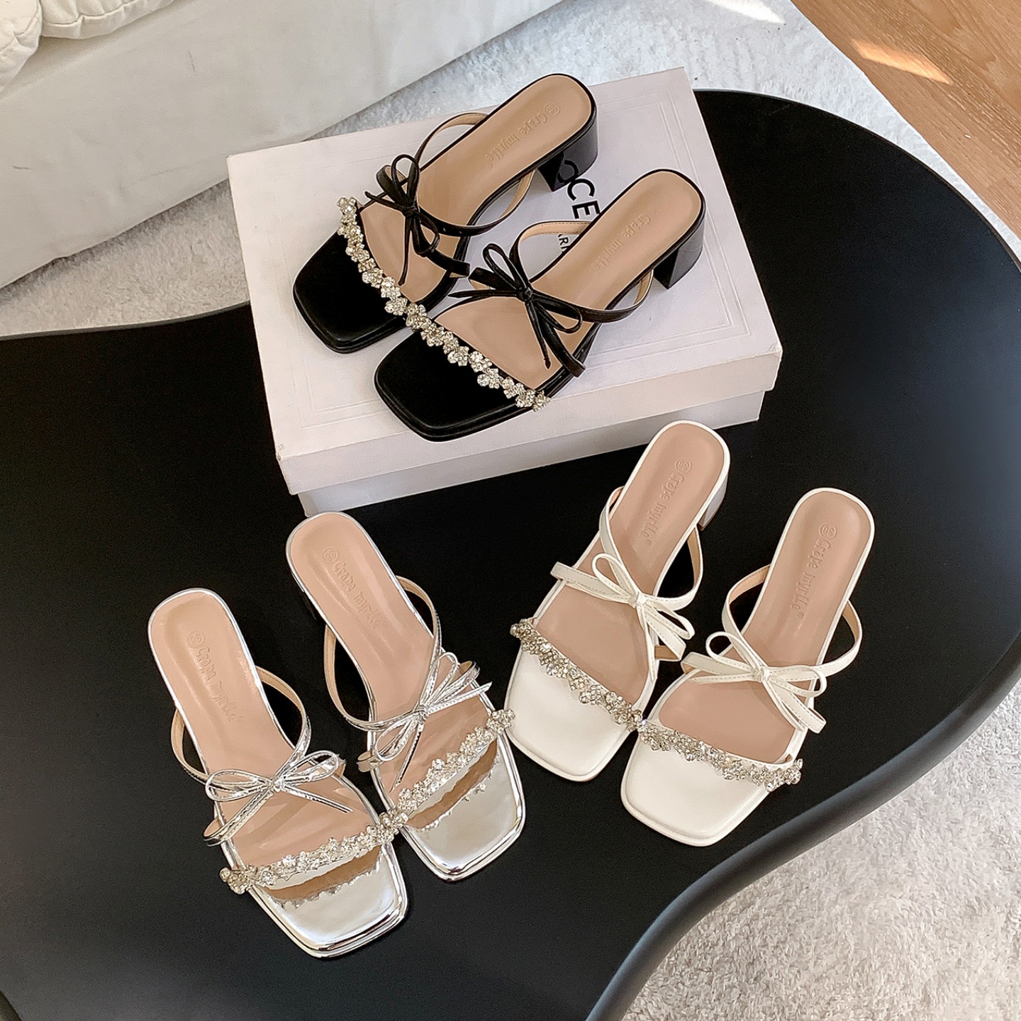 Crystal Butterfly Bow Rhinestone Strappy Chunky Heel Sandals for Women Evening Party 2025 Summer
