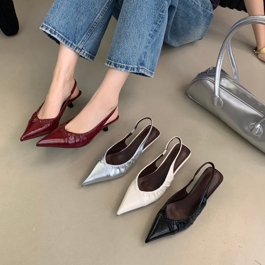 French Style Pointed Toe Pleated Strap Sandals for Women 2026 Spring Summer New One-Step Back Strap Commuter High Heels