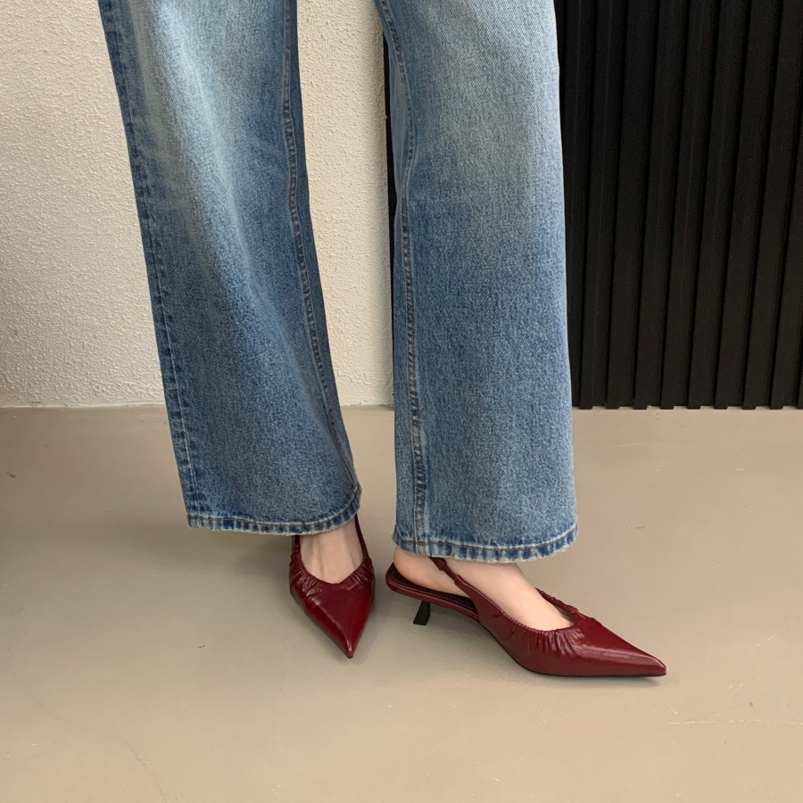 French Style Pointed Toe Pleated Strap Sandals for Women 2026 Spring Summer New One-Step Back Strap Commuter High Heels - Image 2