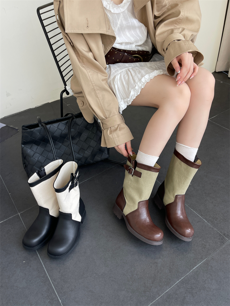 Retro Belt Buckle Canvas Cowhide Mid Calf Boots Women 2026 Autumn Winter New Style Chunky Heel Western Cowboy Boots Stacked Boots