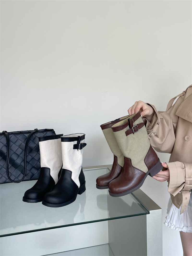 Retro Belt Buckle Canvas Cowhide Mid Calf Boots Women 2026 Autumn Winter New Style Chunky Heel Western Cowboy Boots Stacked Boots - Image 3