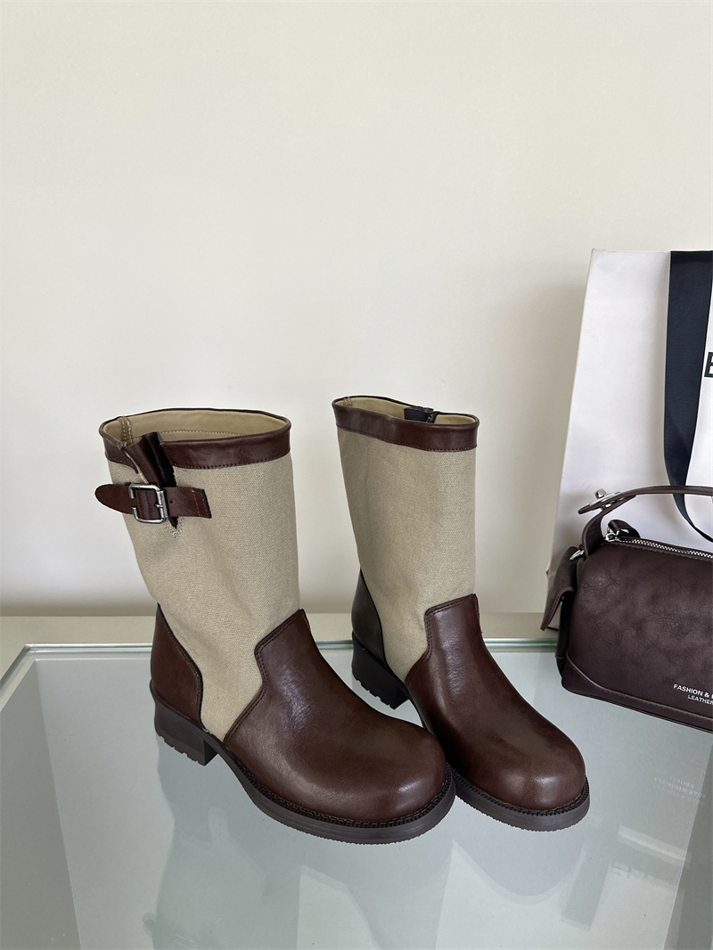 Retro Belt Buckle Canvas Cowhide Mid Calf Boots Women 2026 Autumn Winter New Style Chunky Heel Western Cowboy Boots Stacked Boots - Image 4