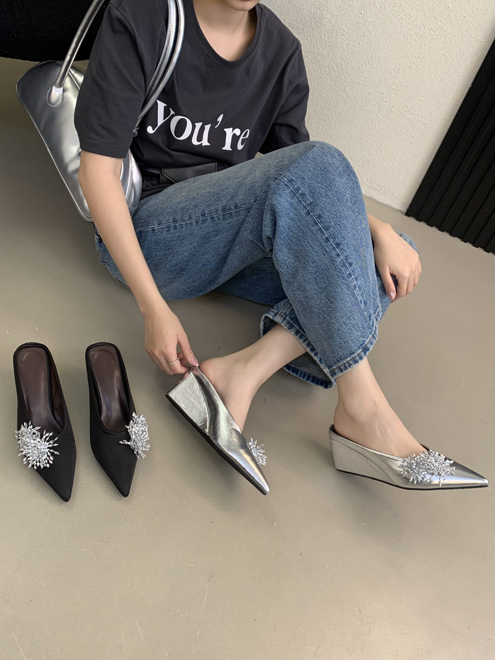 Sparkling Beaded Firework Slingback Wedge Sandals for Women Pointed Toe Elegant European Style Light Luxury