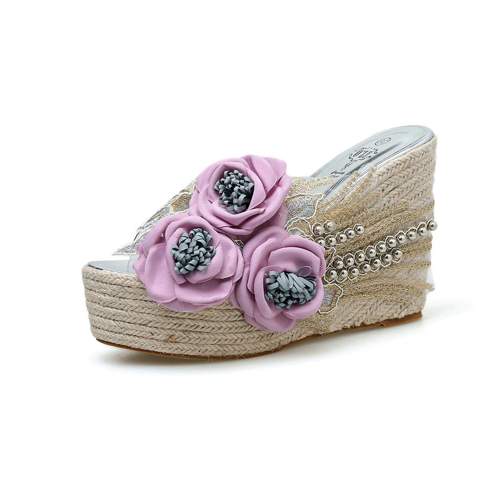 Sweet Large Flower Transparent Crystal Women's Sandals Summer Wedge Thick Sole Hemp Braided One-Band Slippers - Image 5