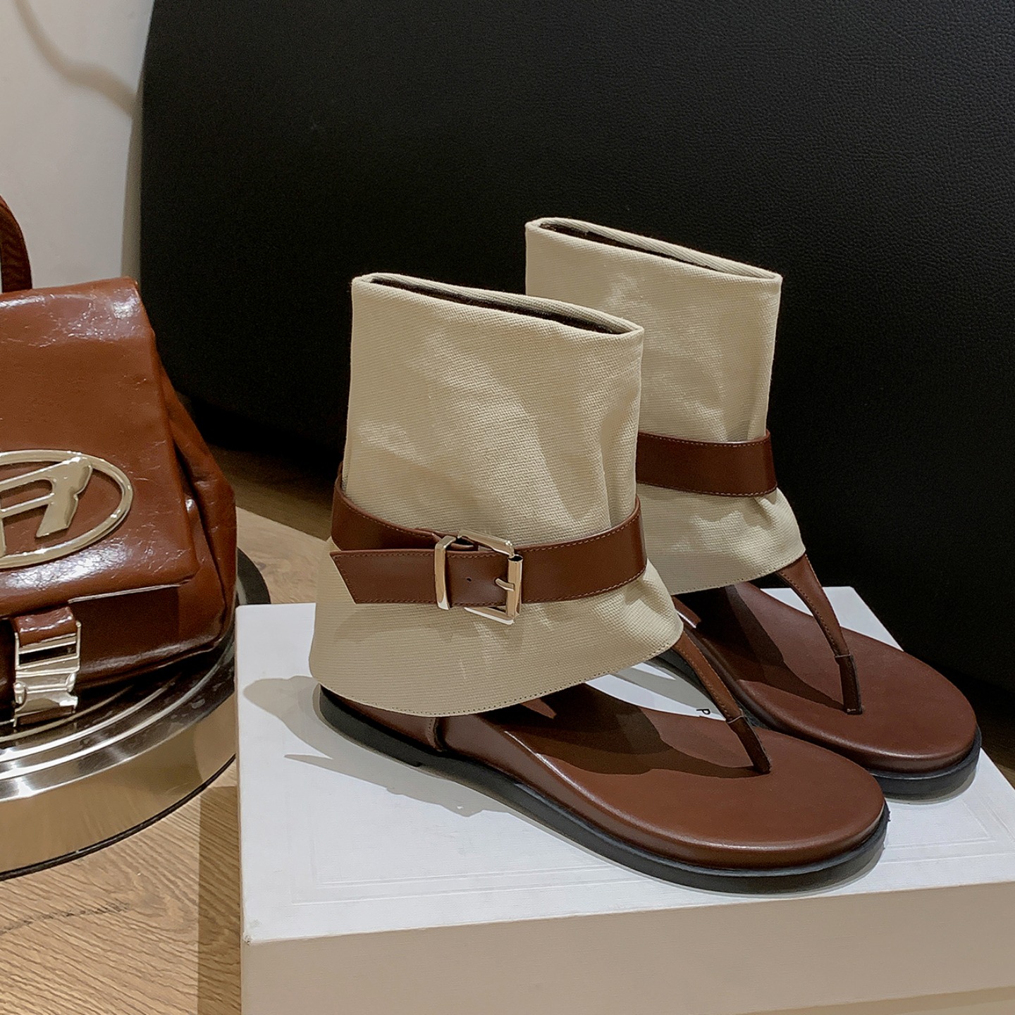 Trendy 4.5cm Hidden Wedge Peep-Toe Mid-Calf Soft Leather Sandal Boots with Color-Block Belt Buckle