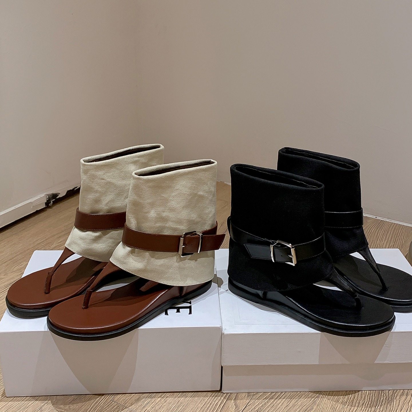 Trendy 4.5cm Hidden Wedge Peep-Toe Mid-Calf Soft Leather Sandal Boots with Color-Block Belt Buckle - Image 4