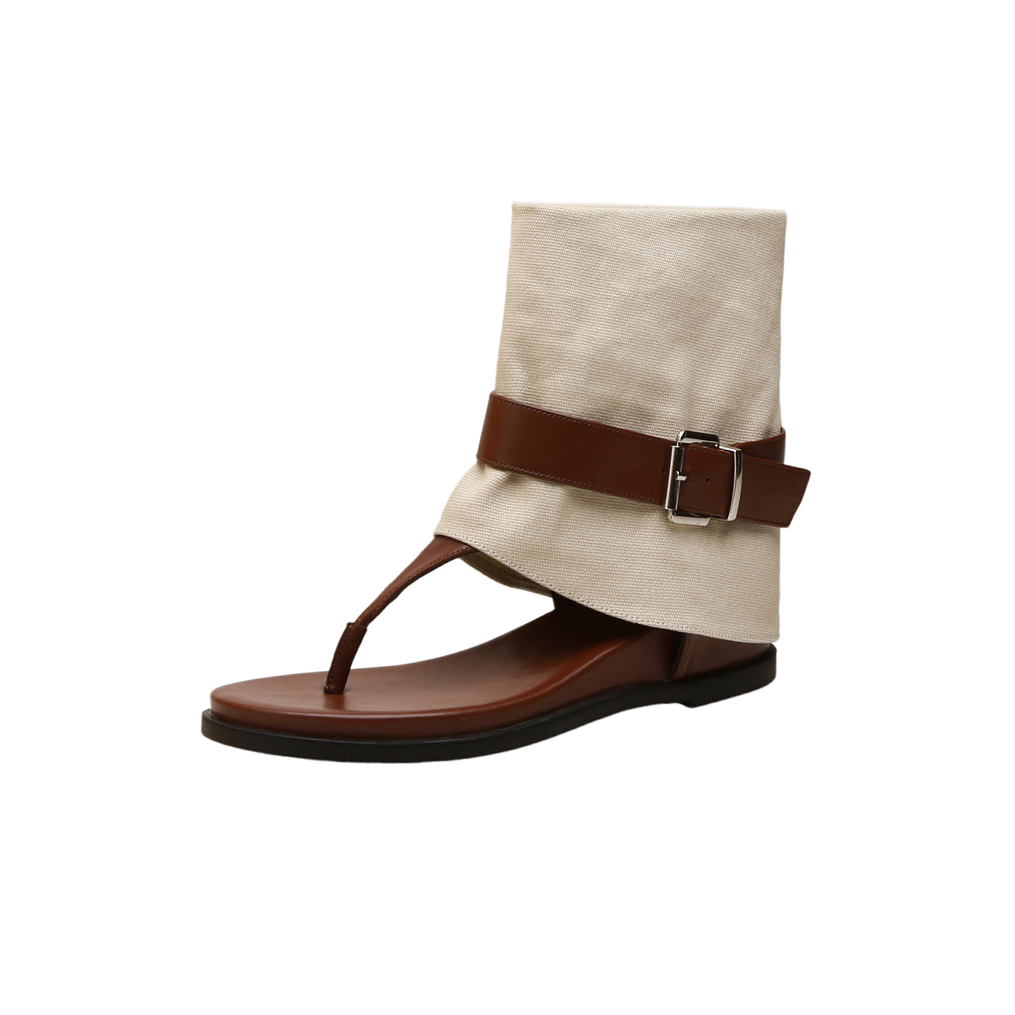 Trendy 4.5cm Hidden Wedge Peep-Toe Mid-Calf Soft Leather Sandal Boots with Color-Block Belt Buckle - Image 5