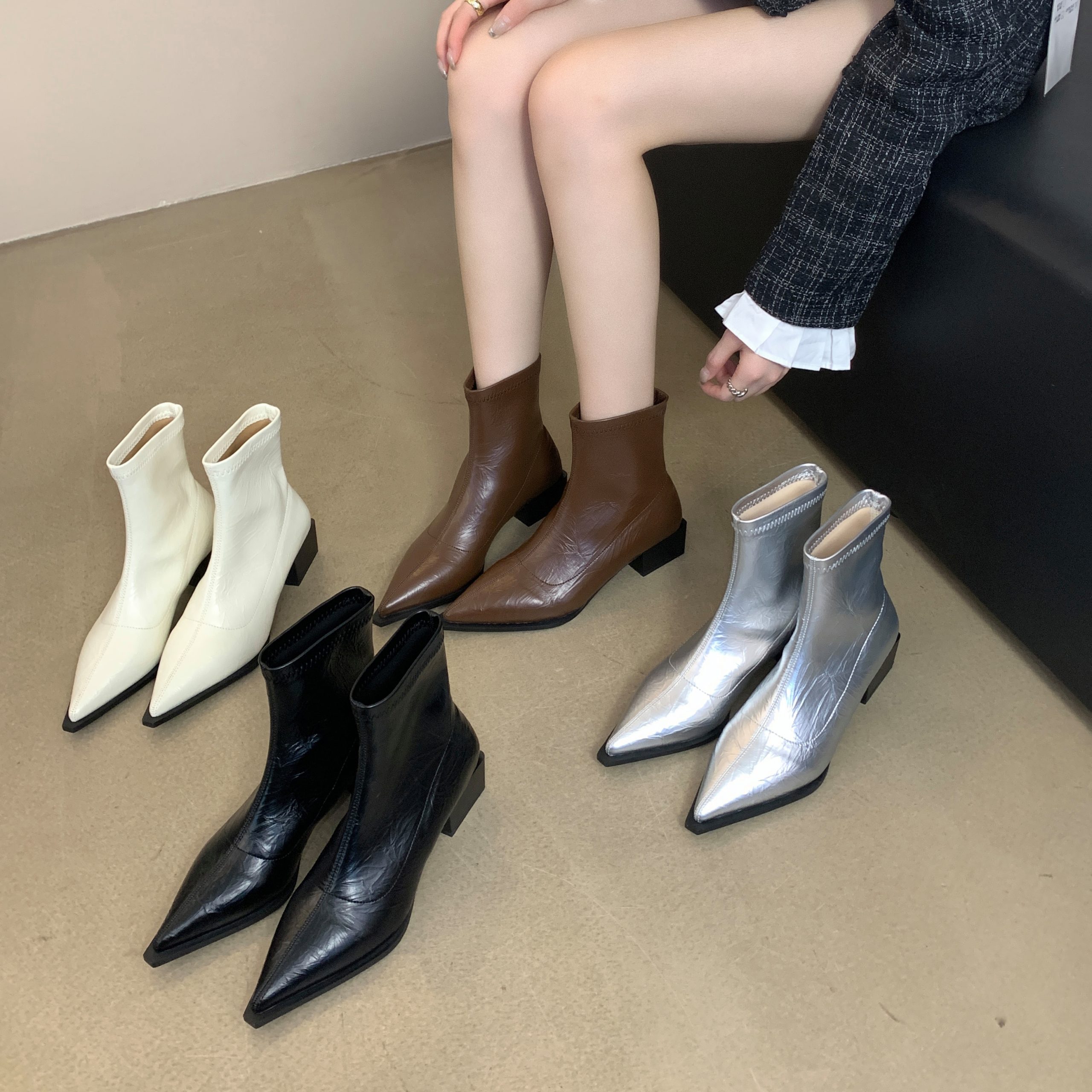Trendy Pointed Toe Ankle Boots Women 2025 Autumn Winter New Fashion Chunky Heel Slim Boots Niche Design Martin Boots